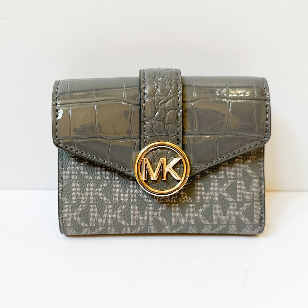 Michael Kors Carmen Medium Flap Bifold Wallet Embossed MK Signature Grey Multi